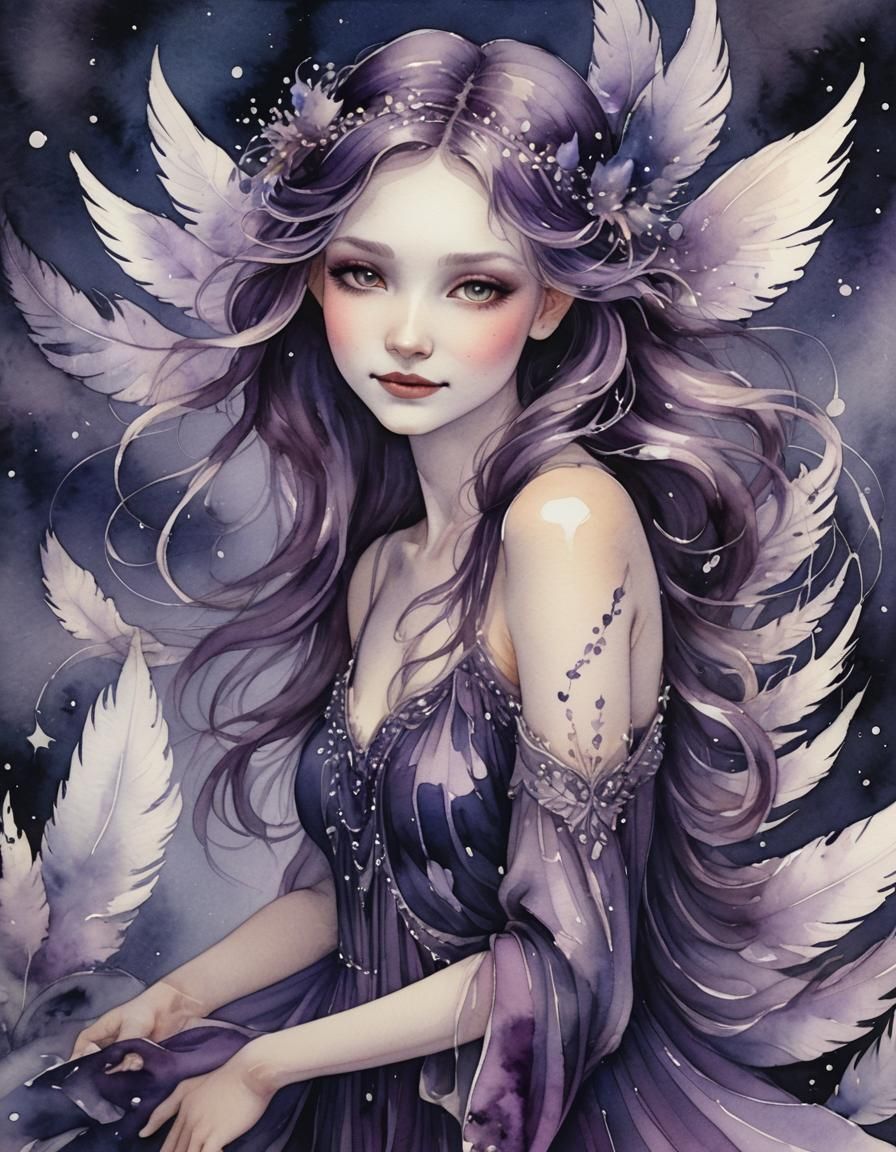 Ethereal Feathered Fairy in Watercolour Style