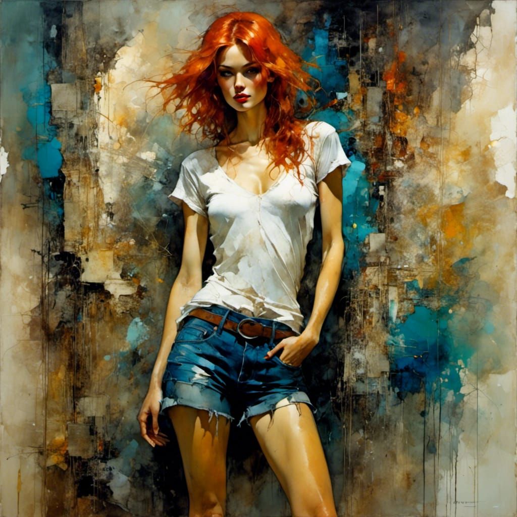 Art Nouveau Woman with Red Hair in Dark Tones