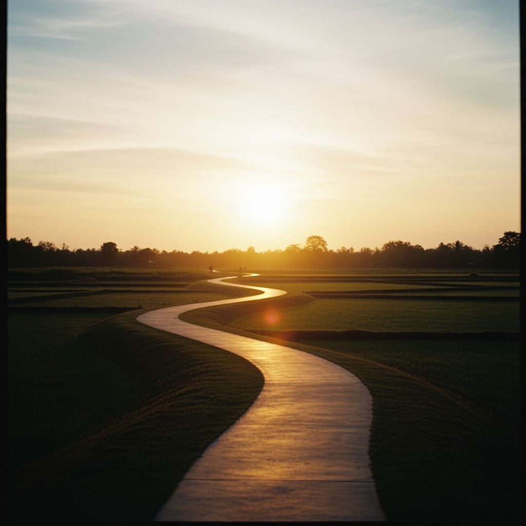 Golden Sunset Path Leads to Healing Southeast Asian Landscap...