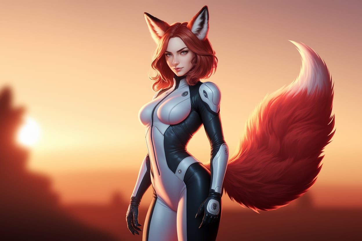 Fox Girl in Modern Power Suit, Sunset Backdrop