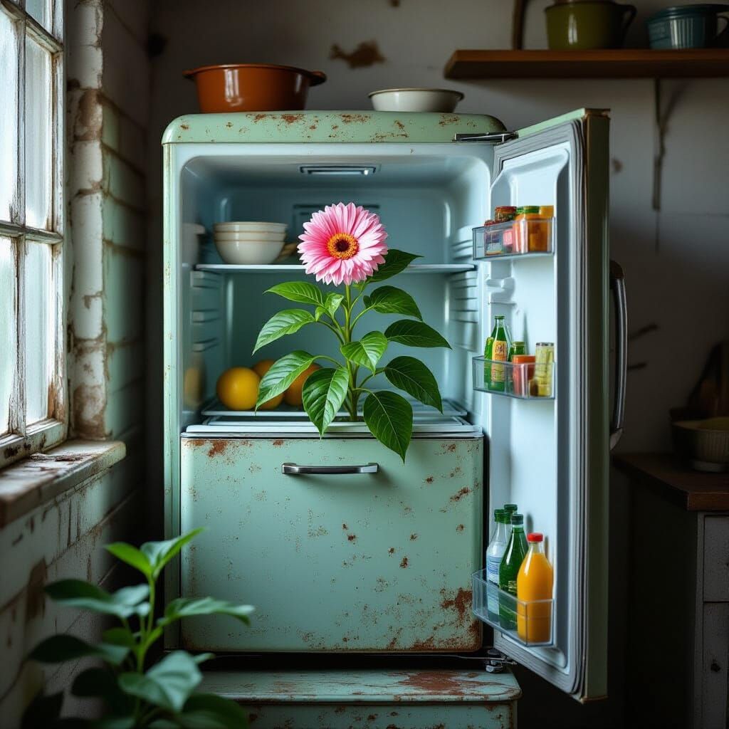Lush Plant Thriving in a Rusty Refrigerator