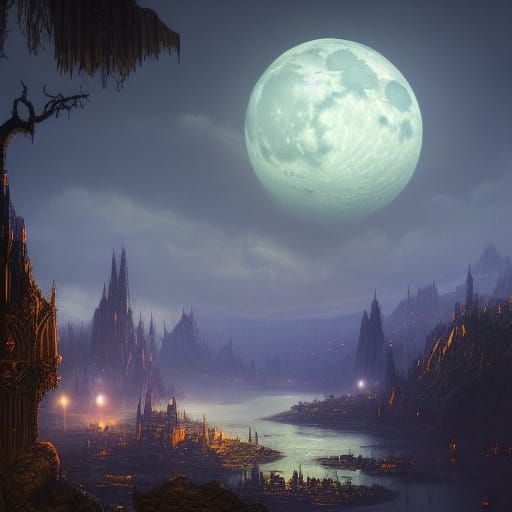 Moonlit Nightscape: Detailed Matte Painting in Gothic Art St...