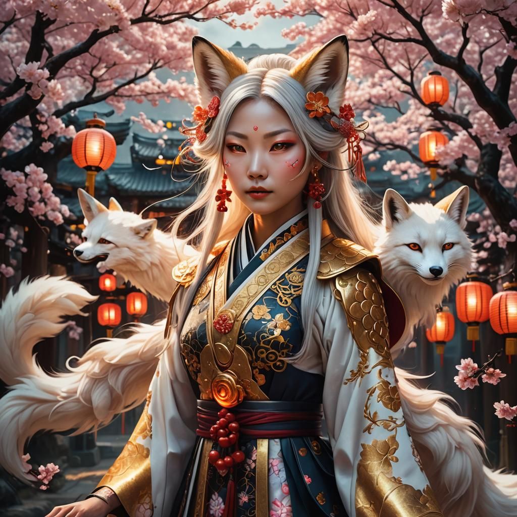 Kitsune Woman Portrait with Cherry Blossoms