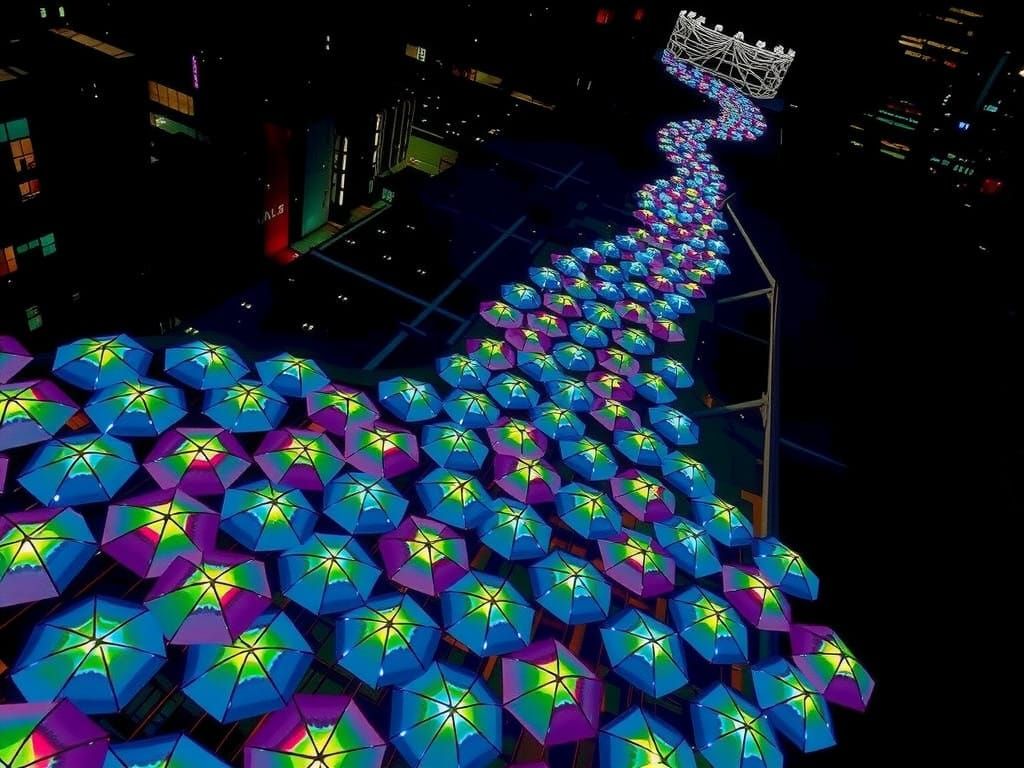 Vibrant Nighttime Umbrella Spectacle Illuminates Urban Skysc...