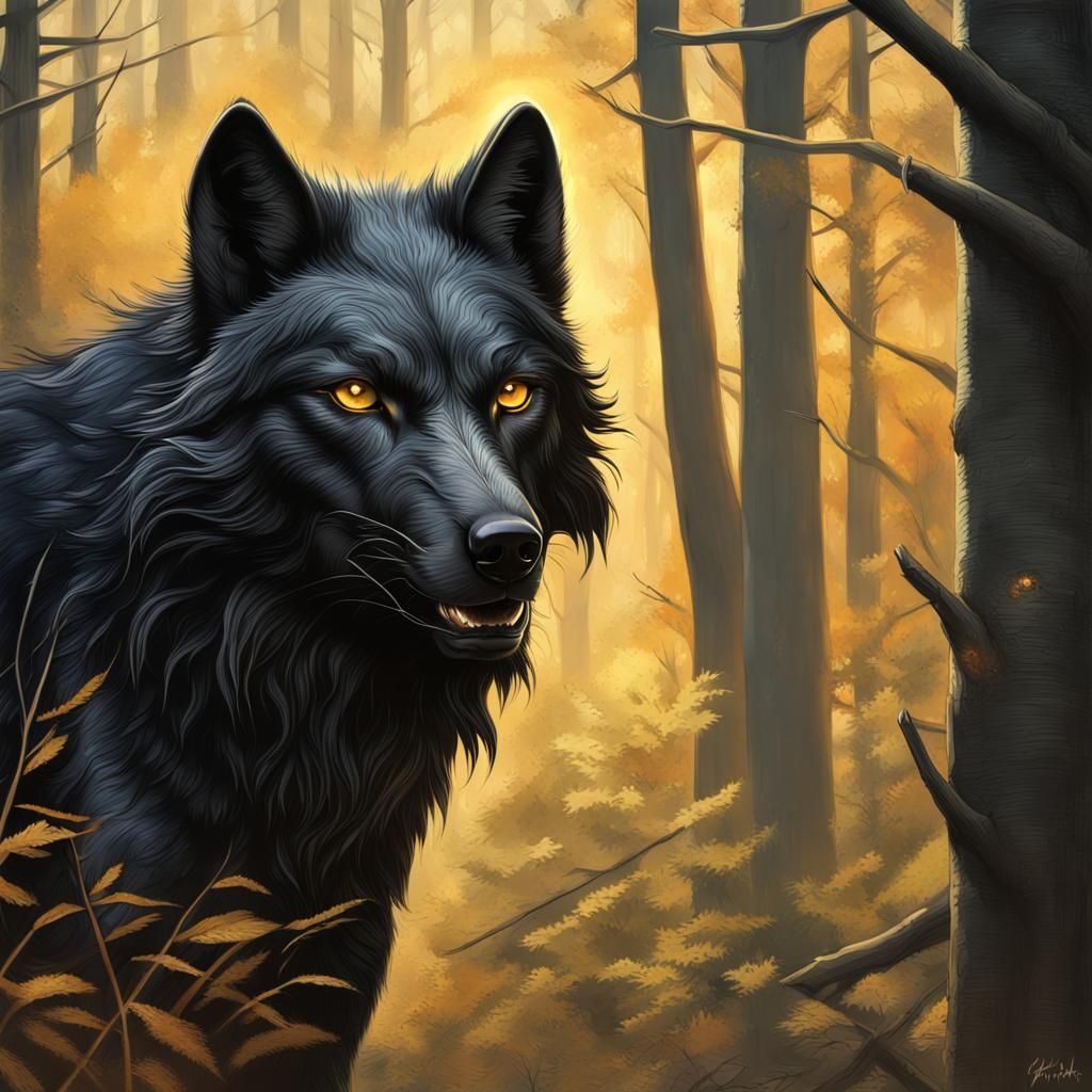 Menacing Black Wolf Stalking Through Colorful Forest