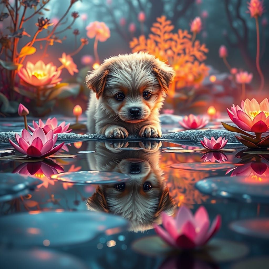 Cute Puppy Discovers Enchanted Pond Reflection in Whimsical....