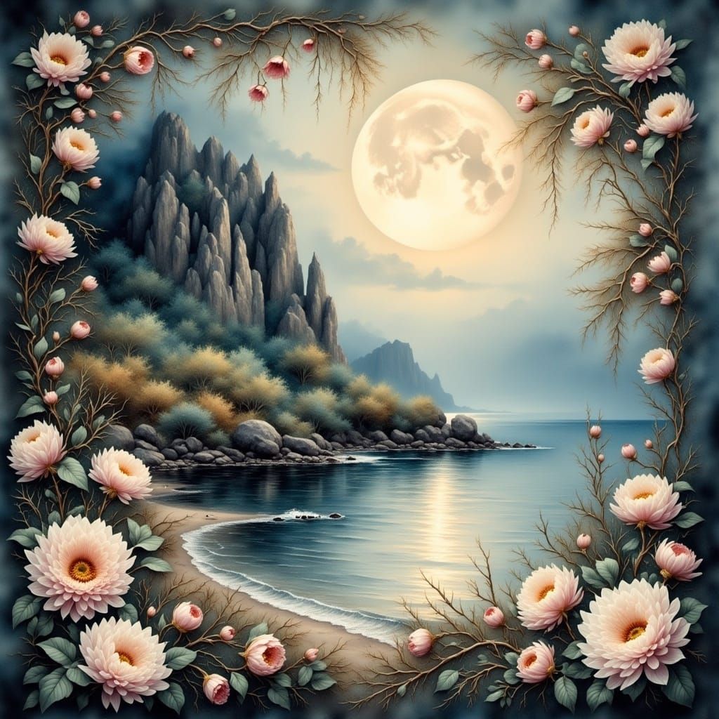 Moonrise Over Rocky Mountain as Antique Watercolor