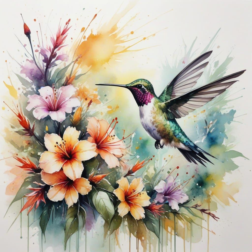 Surreal Hummingbird in Tropical Bloom