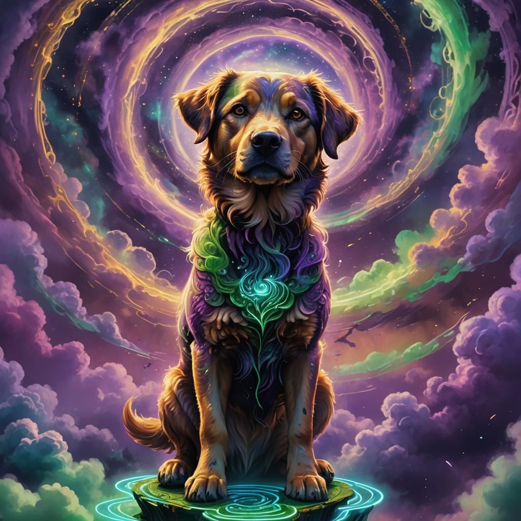 Mystical Digital Dog on Glowing Platform