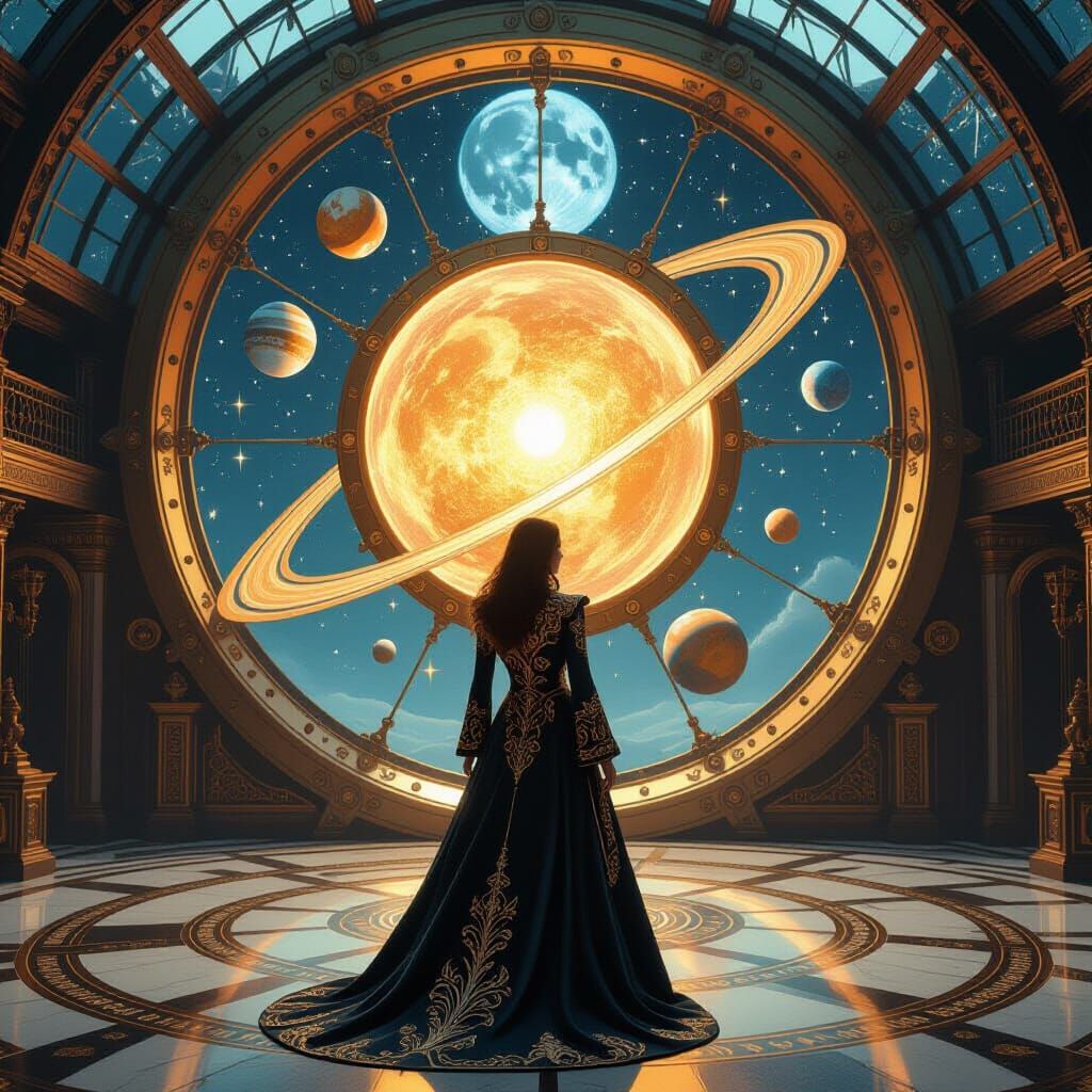 Steampunk Astrolabe in Circular Room, Futuristic Design