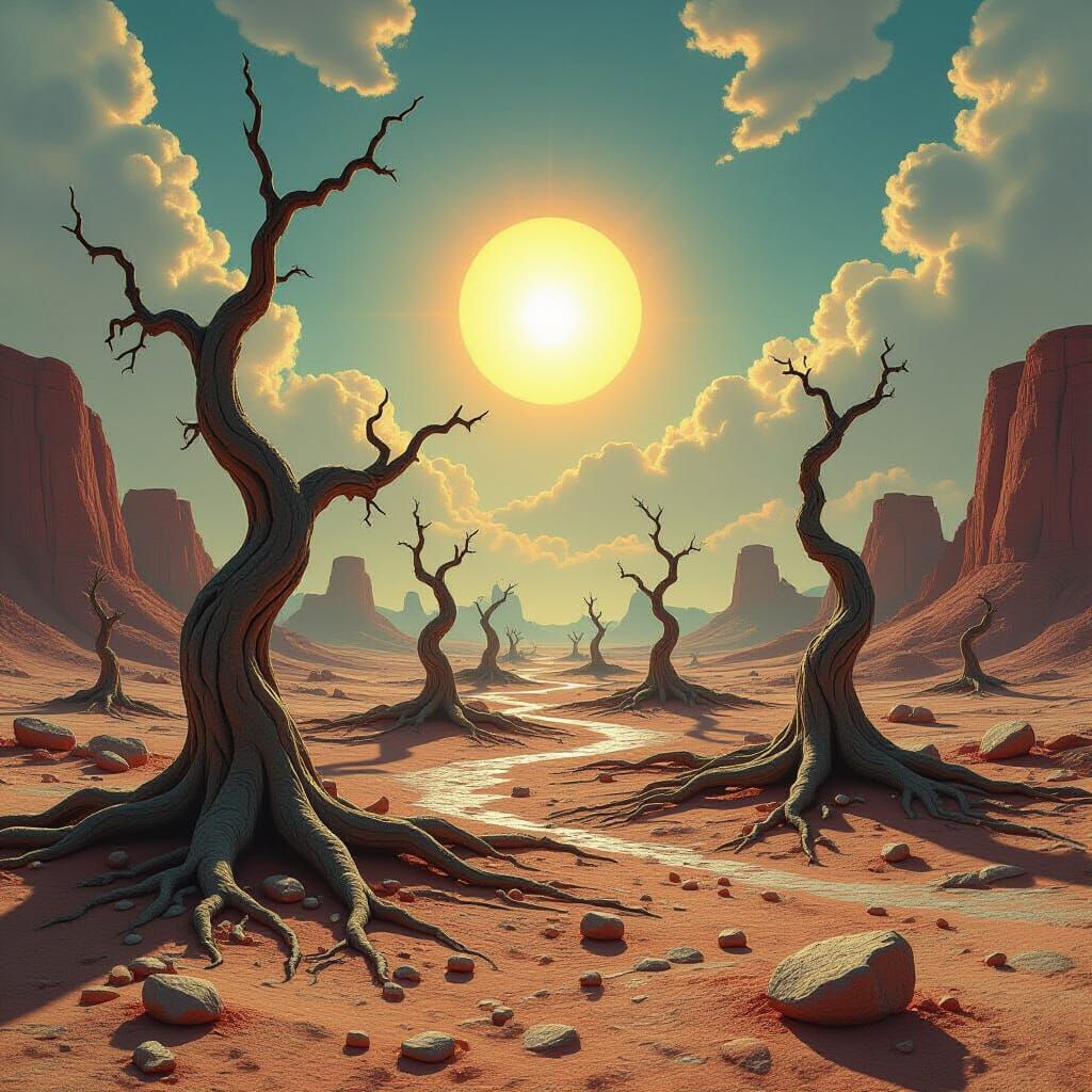 Surreal Alien Landscape with Petrified Trees, in Dreamlike S...