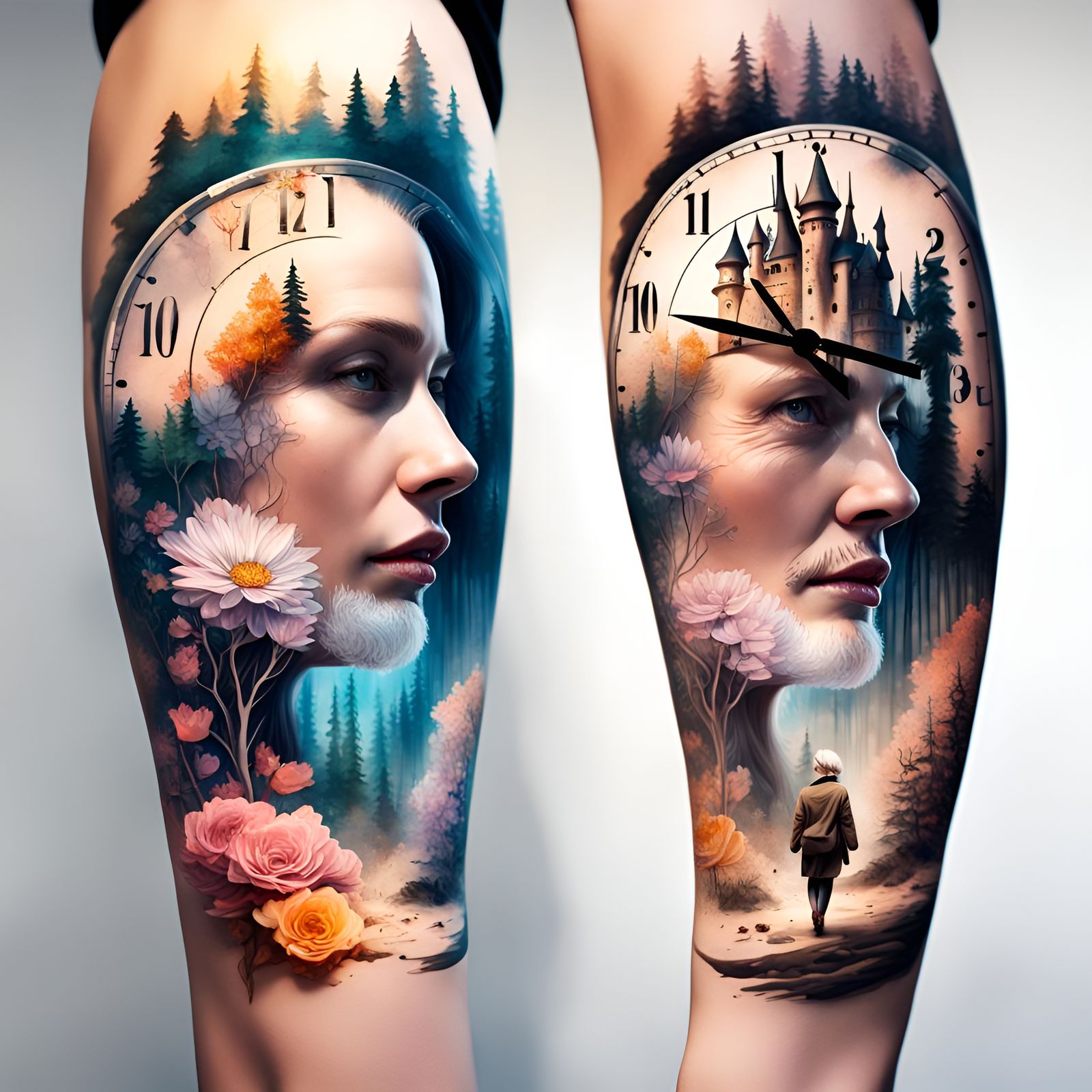 Double Exposure: Woman, Forest Castle in Hyperrealism