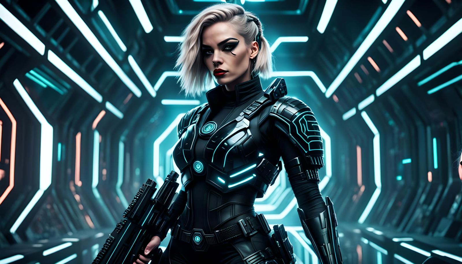 Futuristic Warrior in Digital Maze with Laser Weapon