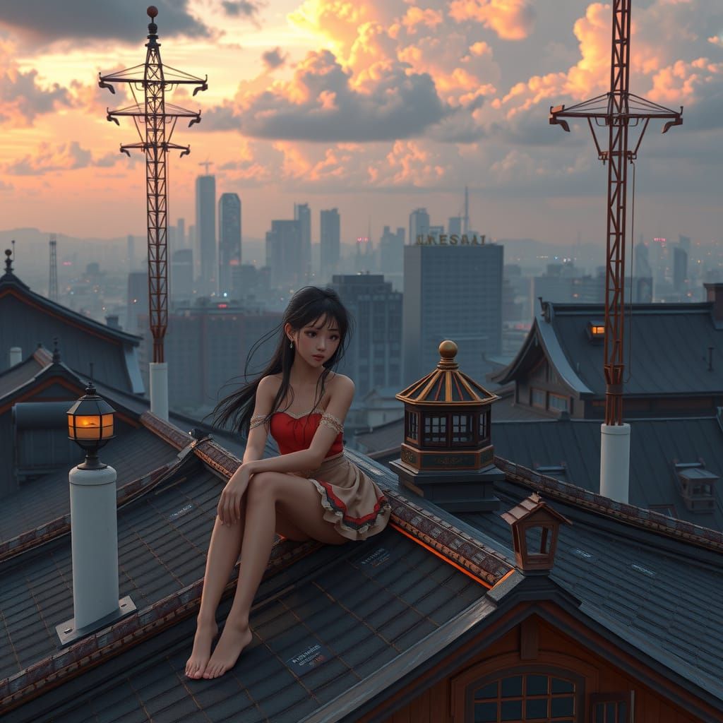 Cyberpunk Young Woman in Nostalgic Rooftop Setting