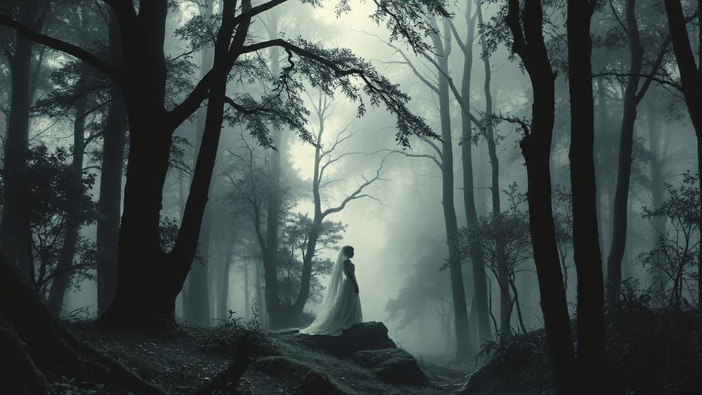 Ethereal Ghost Bride in Foggy Forest, Ink Outline Masterpiec...