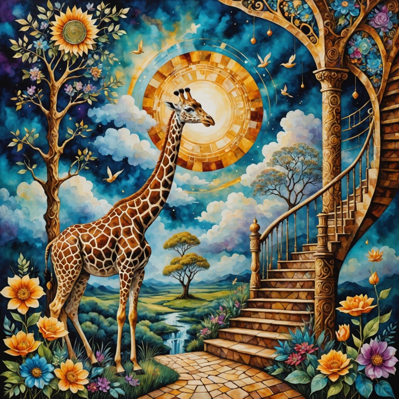 Surreal Staircase to Clouds with Giraffe, Alcohol Ink Painti...