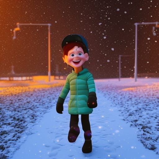 Happy Person Walking in Snow: Pixar-Style 3D Art