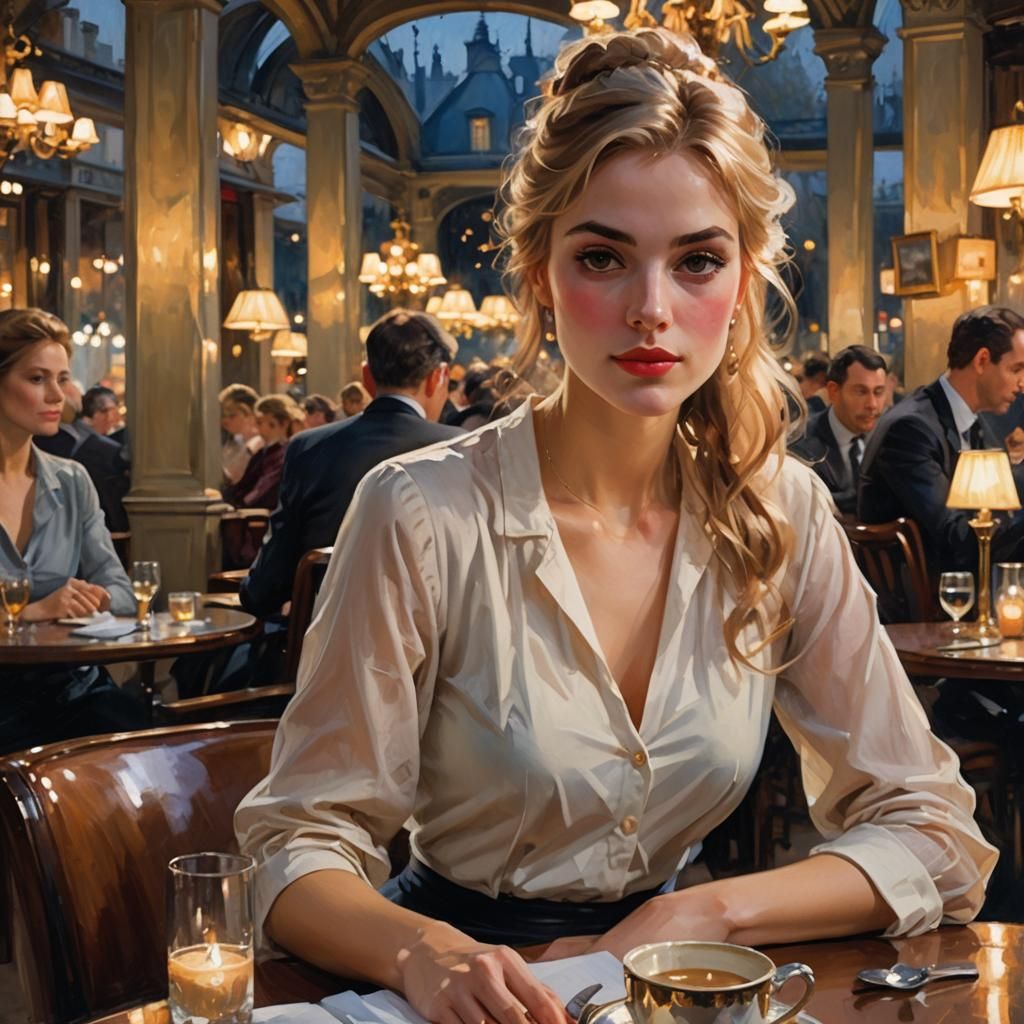 Elegant Woman in Paris Cafe: Romantic Impressionism Portrait