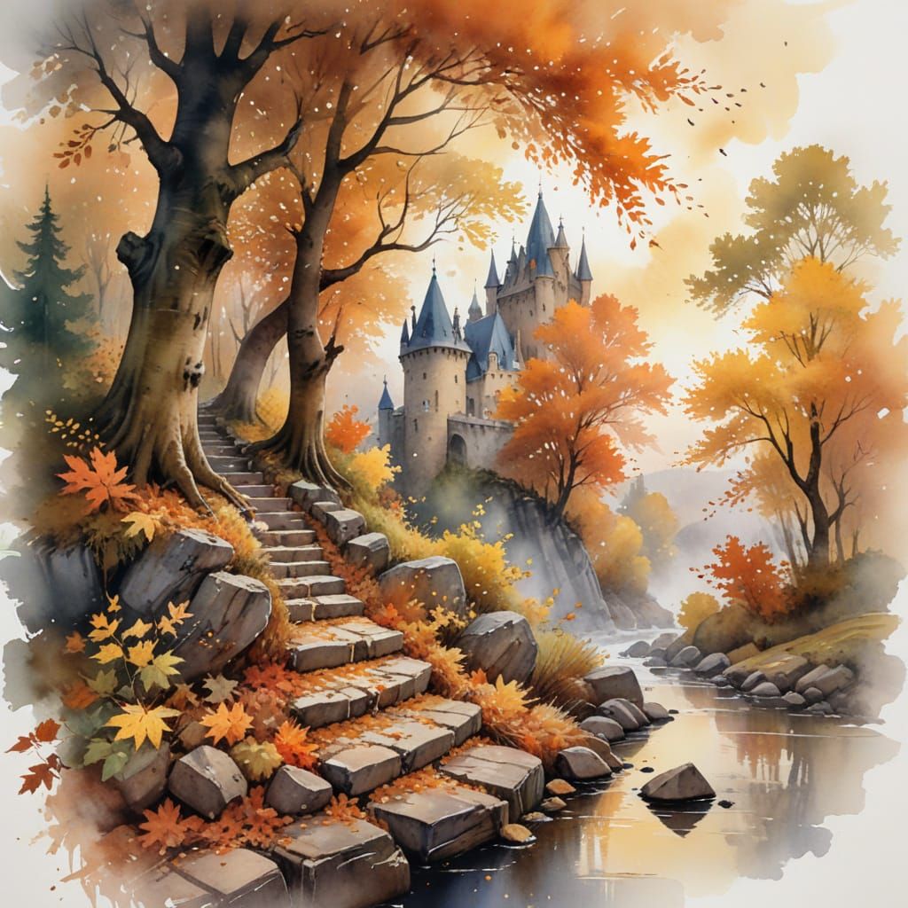 Autumn Castle at Dusk in Wet-on-Wet Watercolor