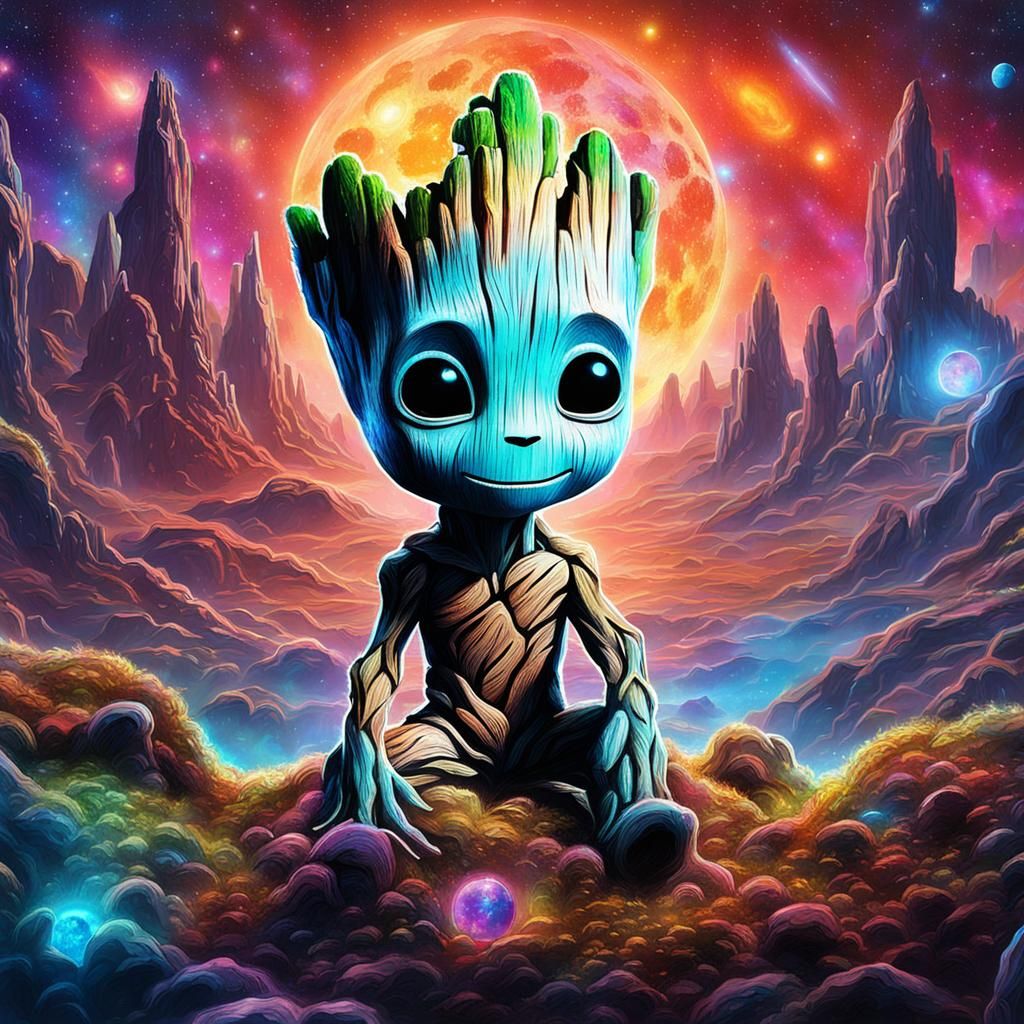 Baby Groot on Alien World: Cosmic Illustration