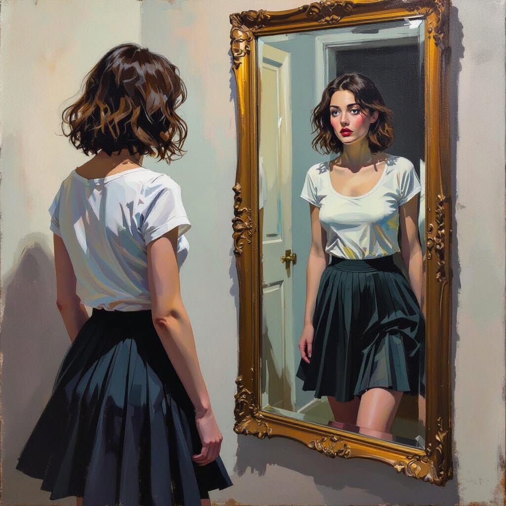 Woman's Wild-Eyed Reflection in Neo-Expressionist Style