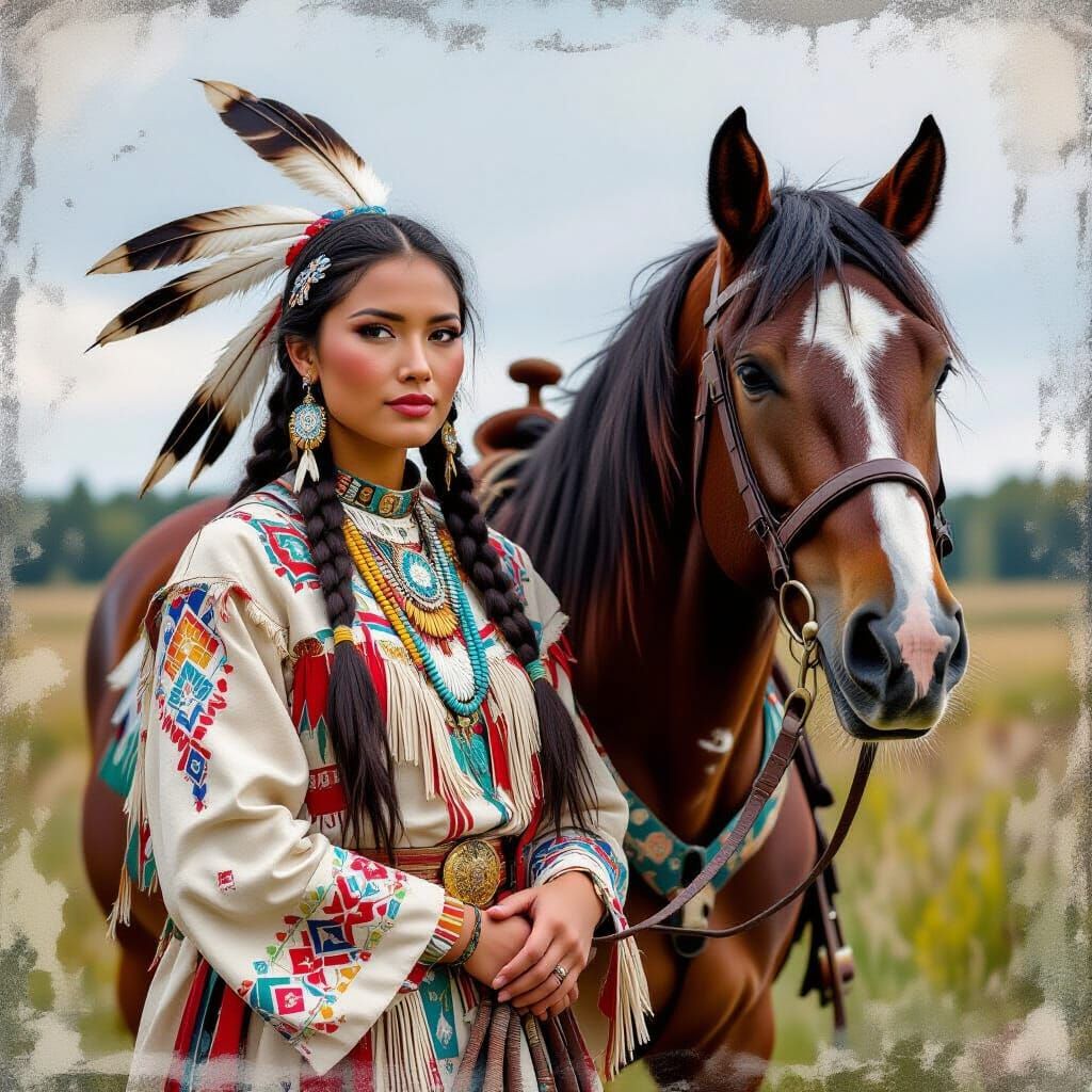 Chippewa Woman and Horse in Mixed Media Art