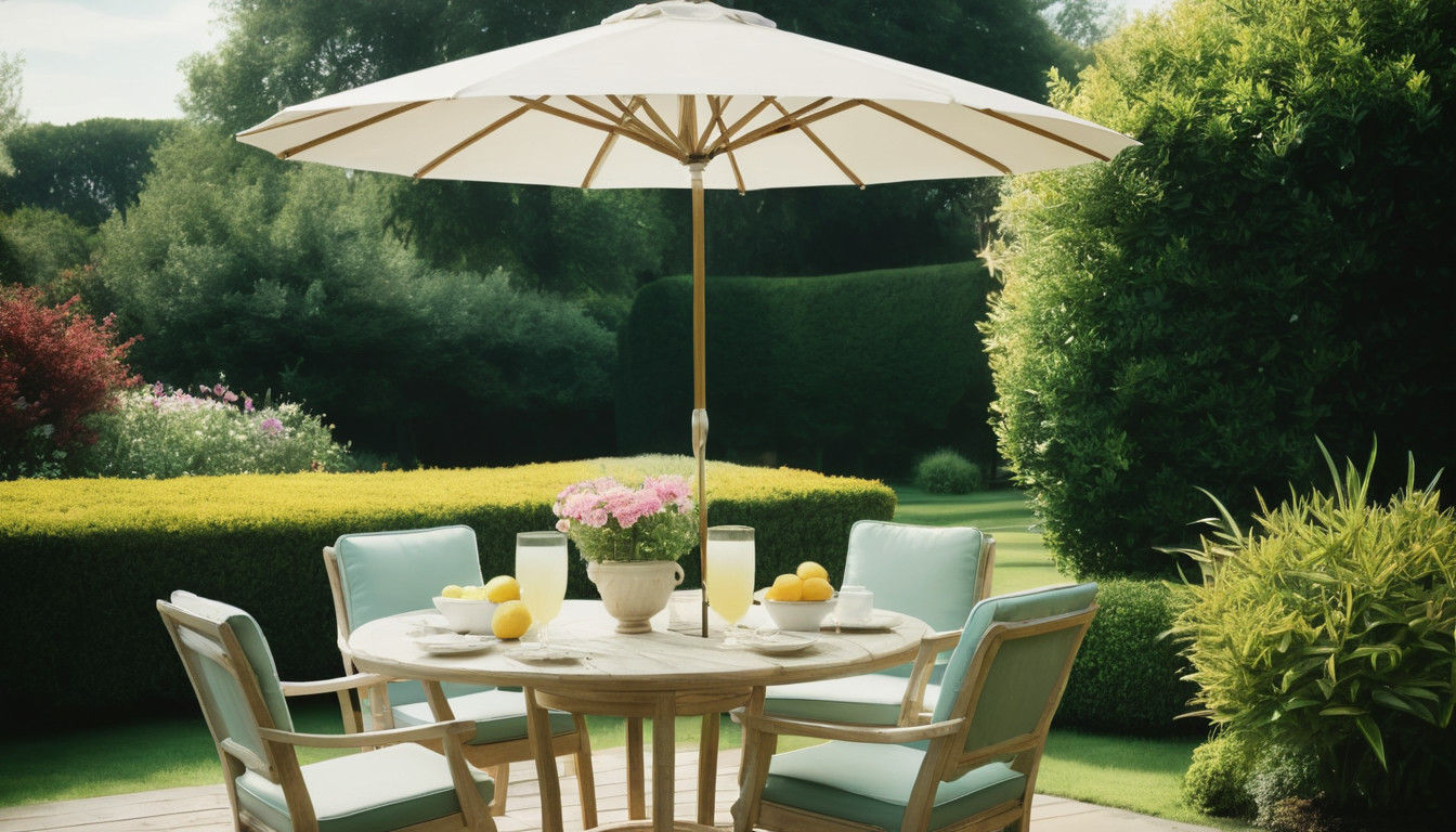 Elegant Watercolor Garden Scene with Table and Umbrella