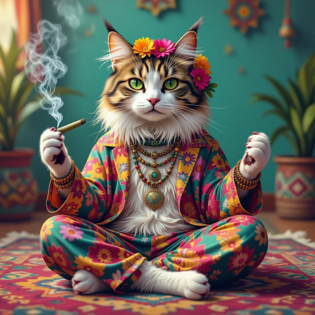 Psychedelic Cat Smokes Joint in Photorealistic Style