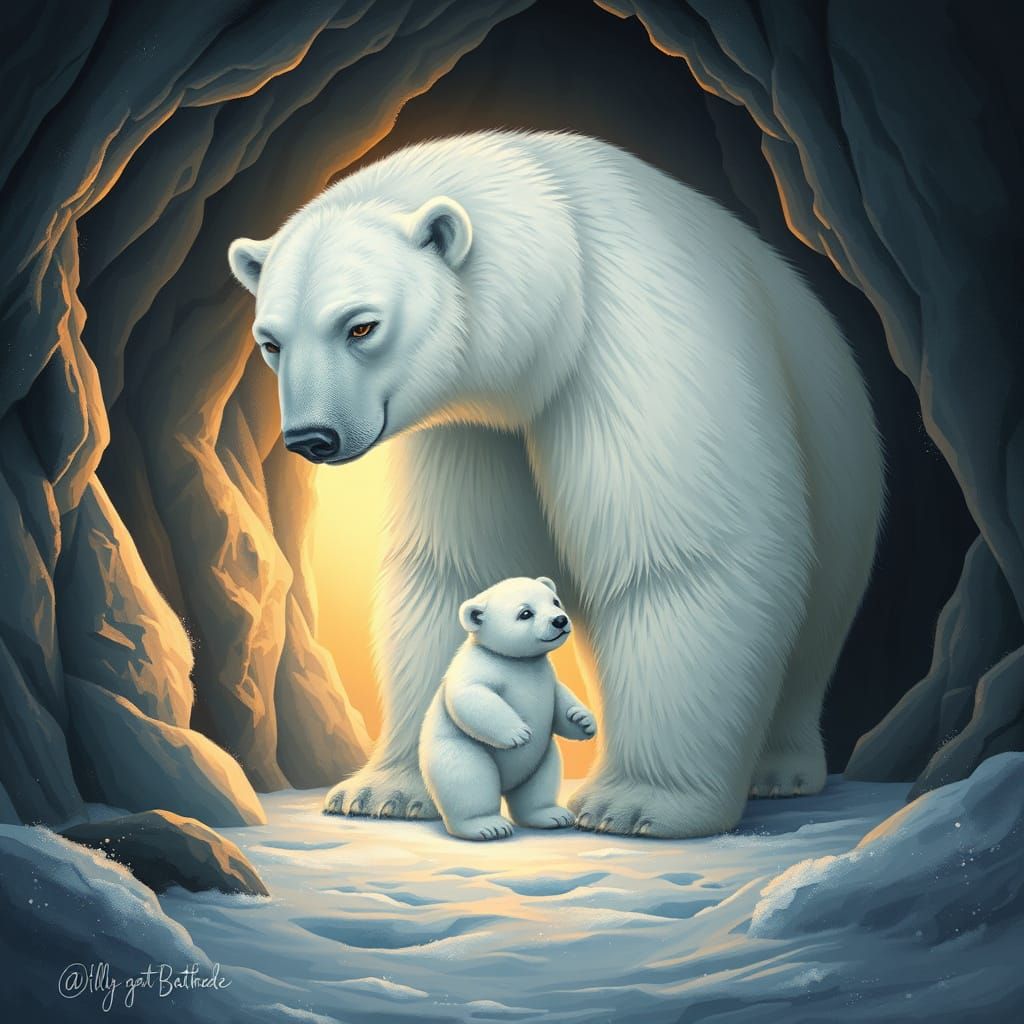 Polar Bear Family in Icy Cave Sanctuary
