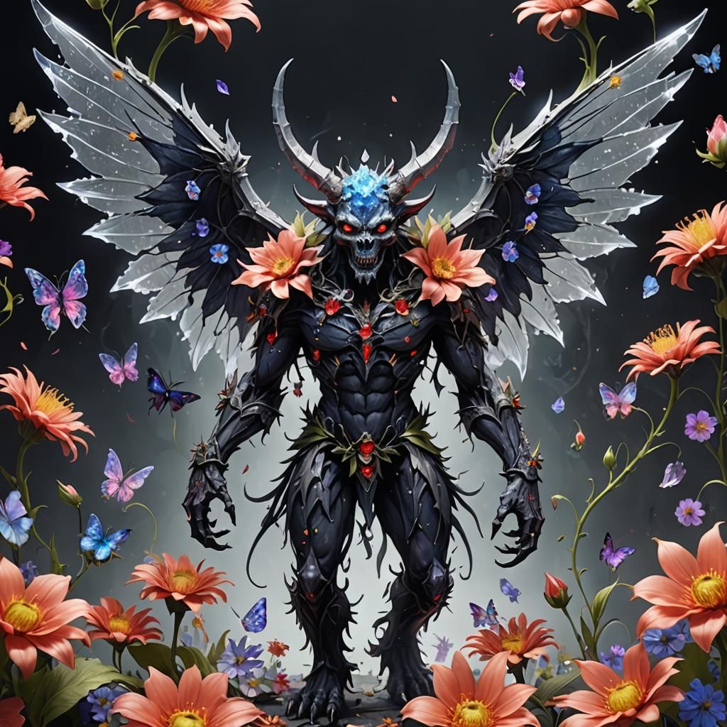 Crystal Demon with Flower Wings: Surreal Portrait