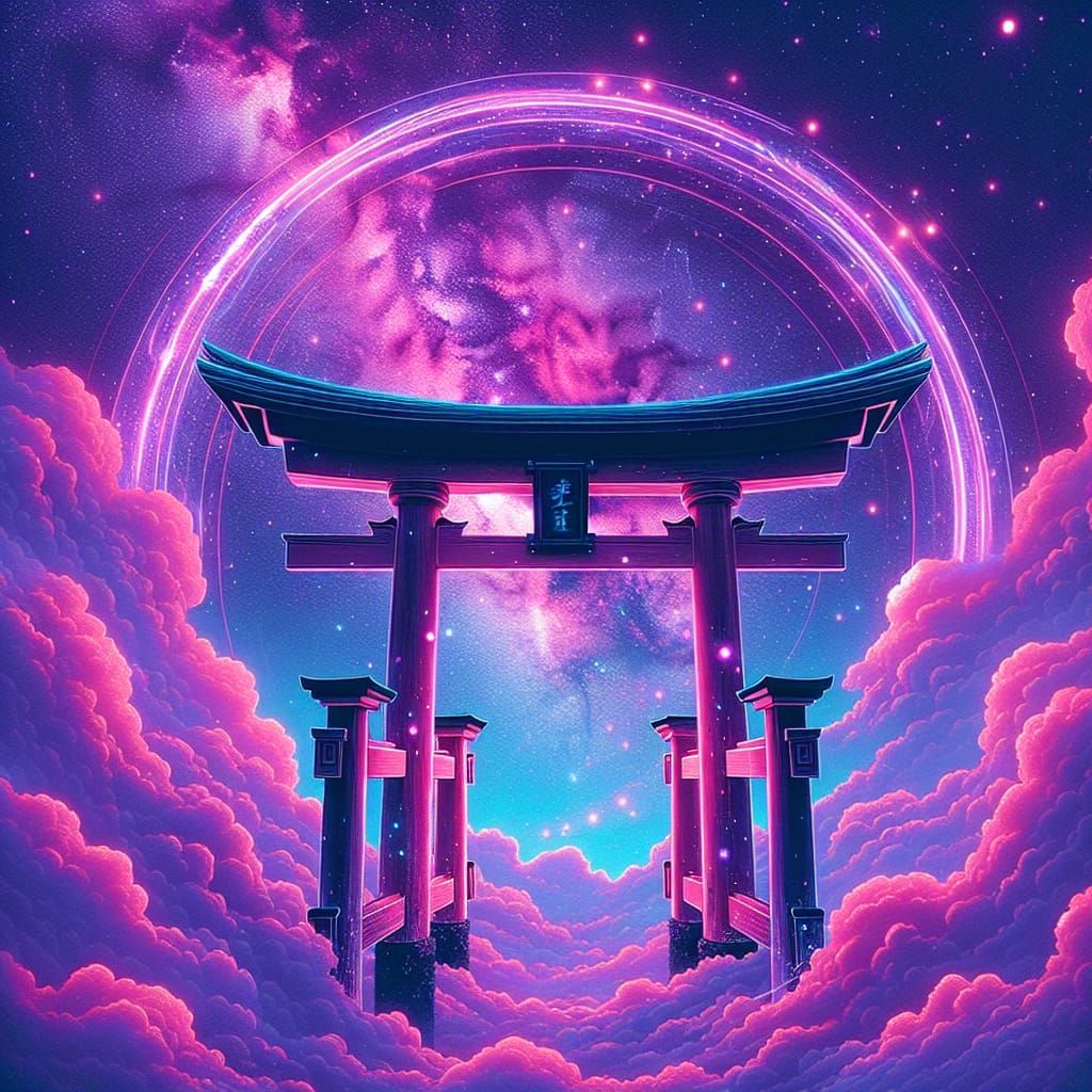 Glowing Torii Gate to Cosmic Realm in Comic Book Style