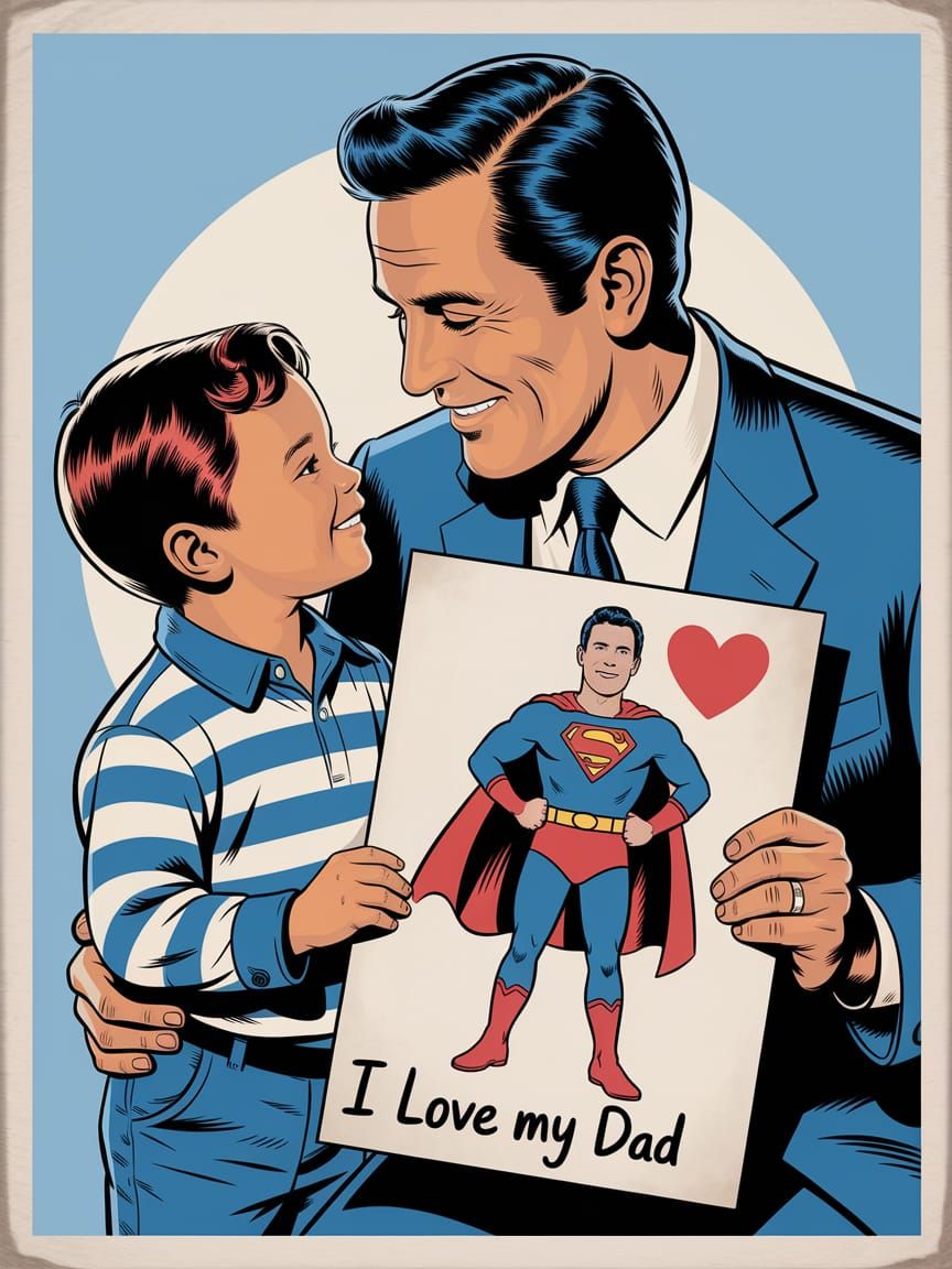 Boy Gives Superhero Drawing to Dad: Vintage Illustration