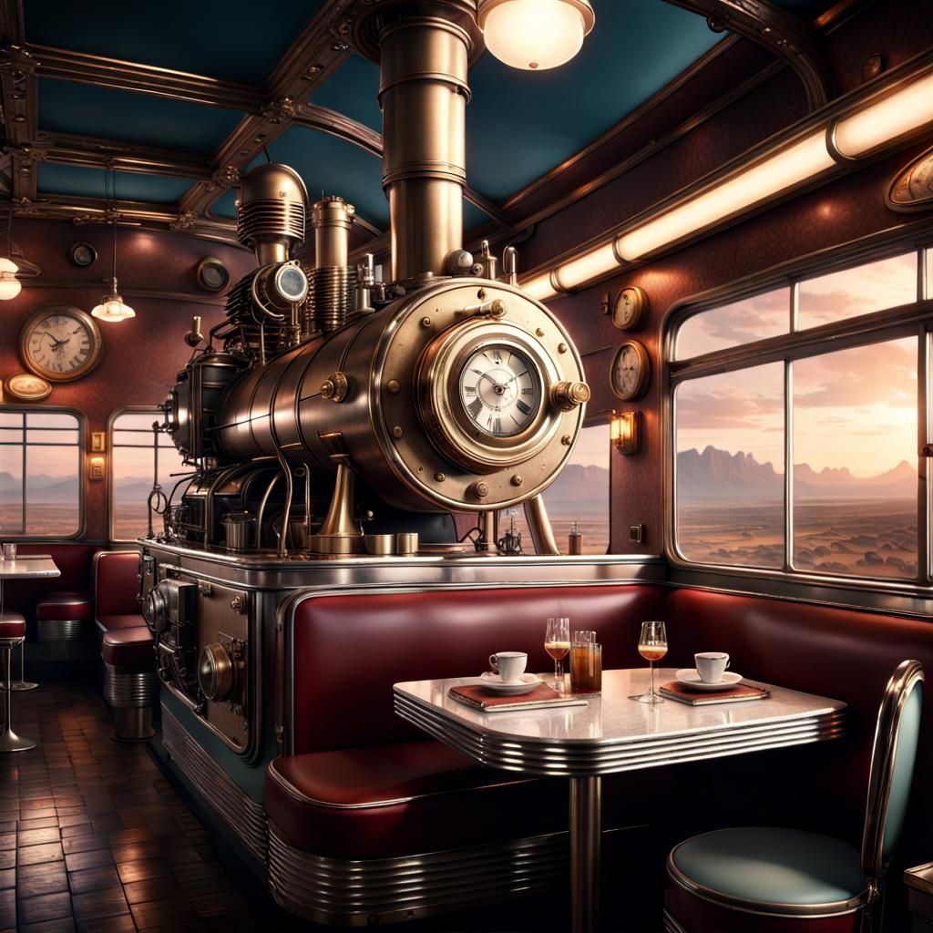 Steampunk 1950s Diner with Engine: Digital Matte Painting