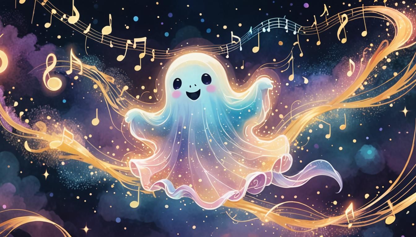 Happy Ghost Listening to Music in Dreamy Watercolor Art