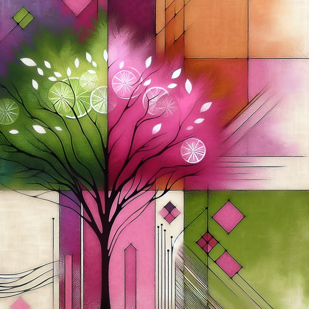 Fuchsia Lime Tree in Geometric Abstract Collage