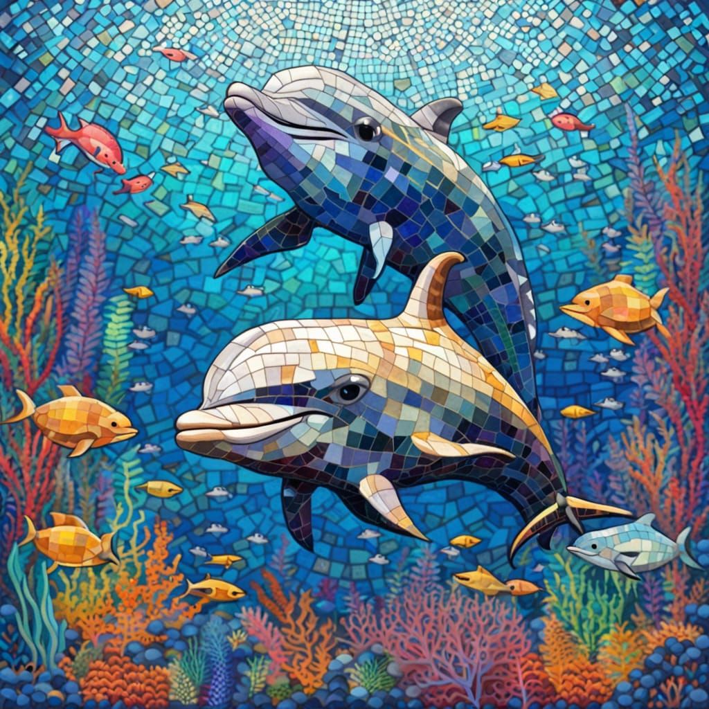 Mosaic Style Underwater Life with Dolphins