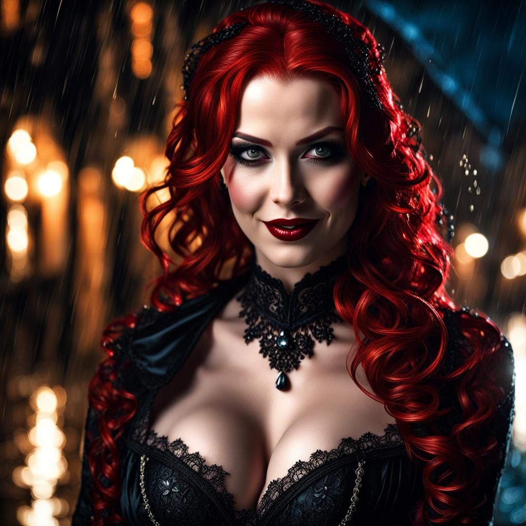 Redhead Vampire in Rainy Gothic Town
