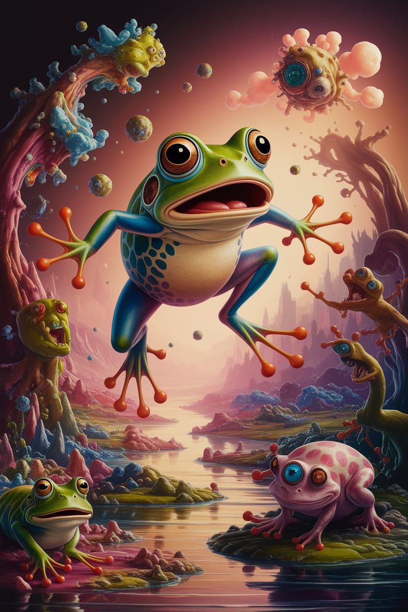 Surreal Oil Painting: Surprised Frog's Dreamlike Leap