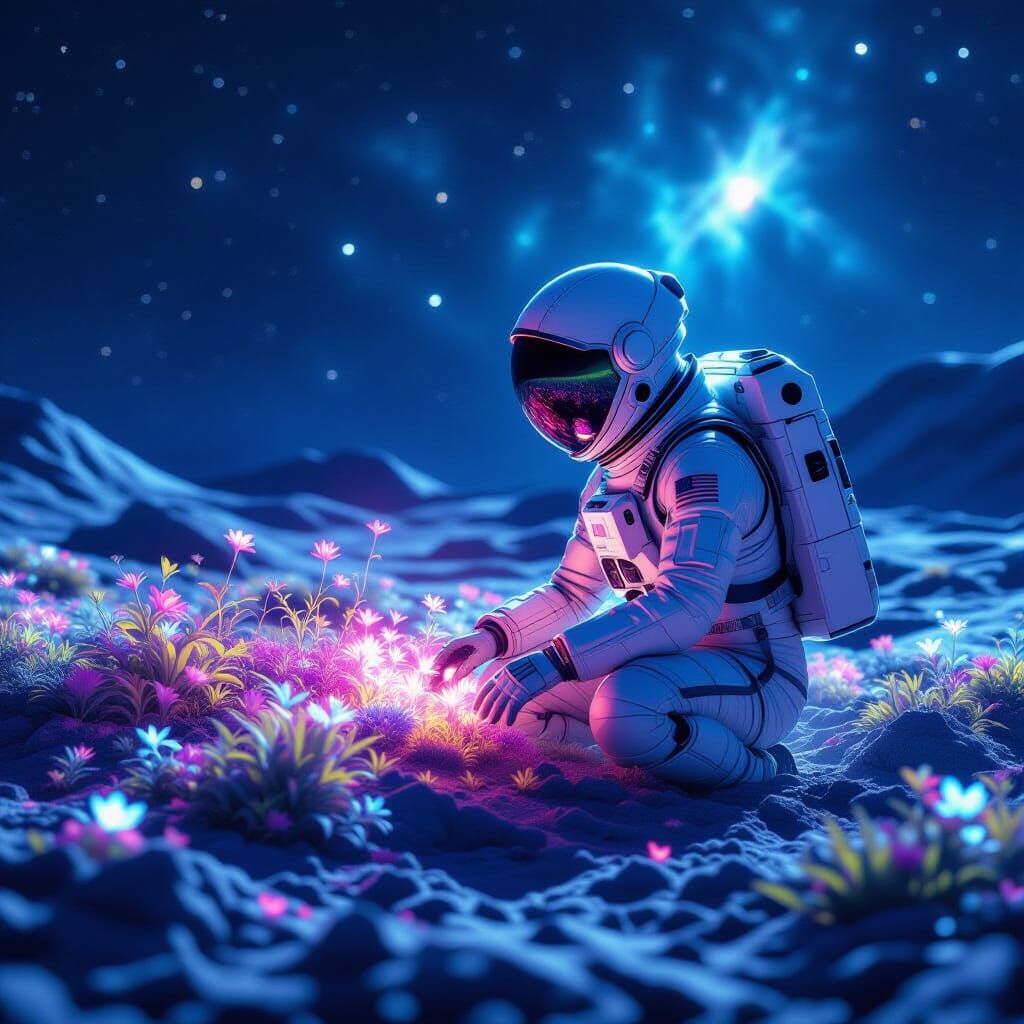 Astronaut Tends Alien Garden Under Nebula Glow