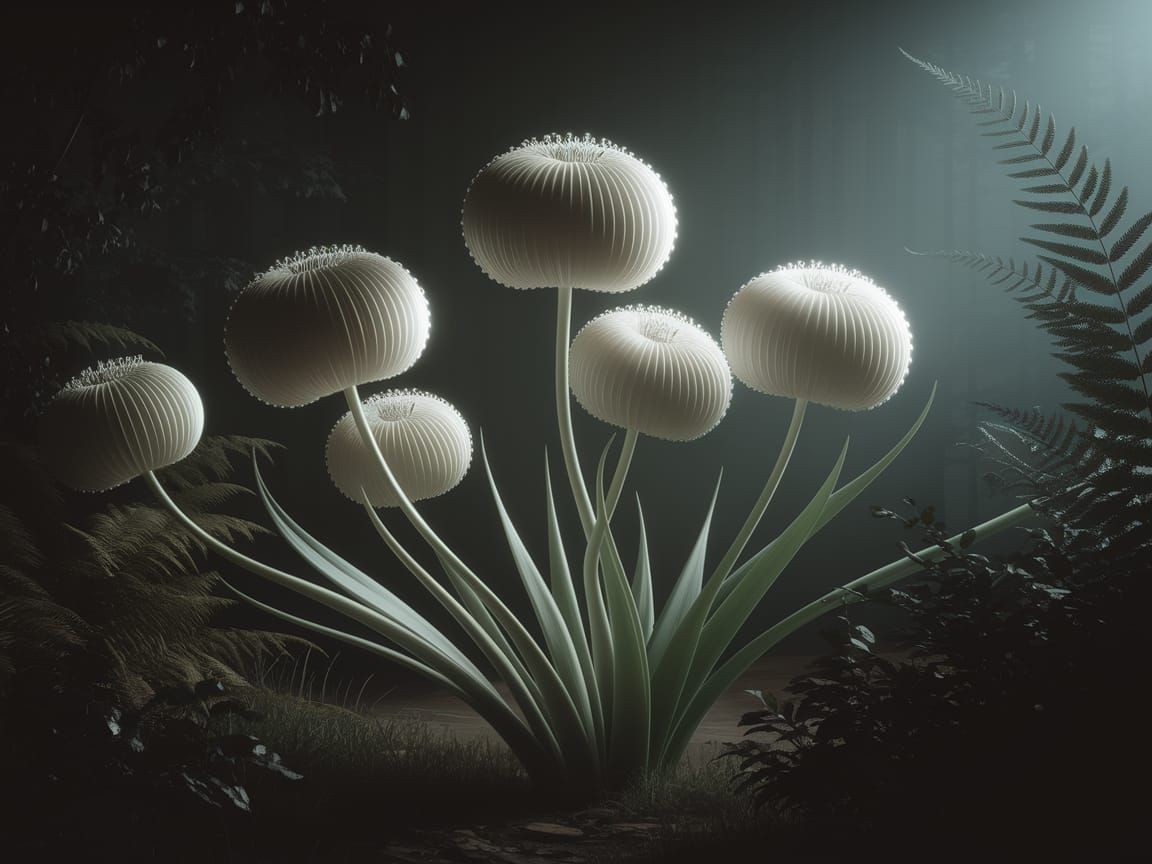 Exotic White Blooms in Dark Fantasy Forest