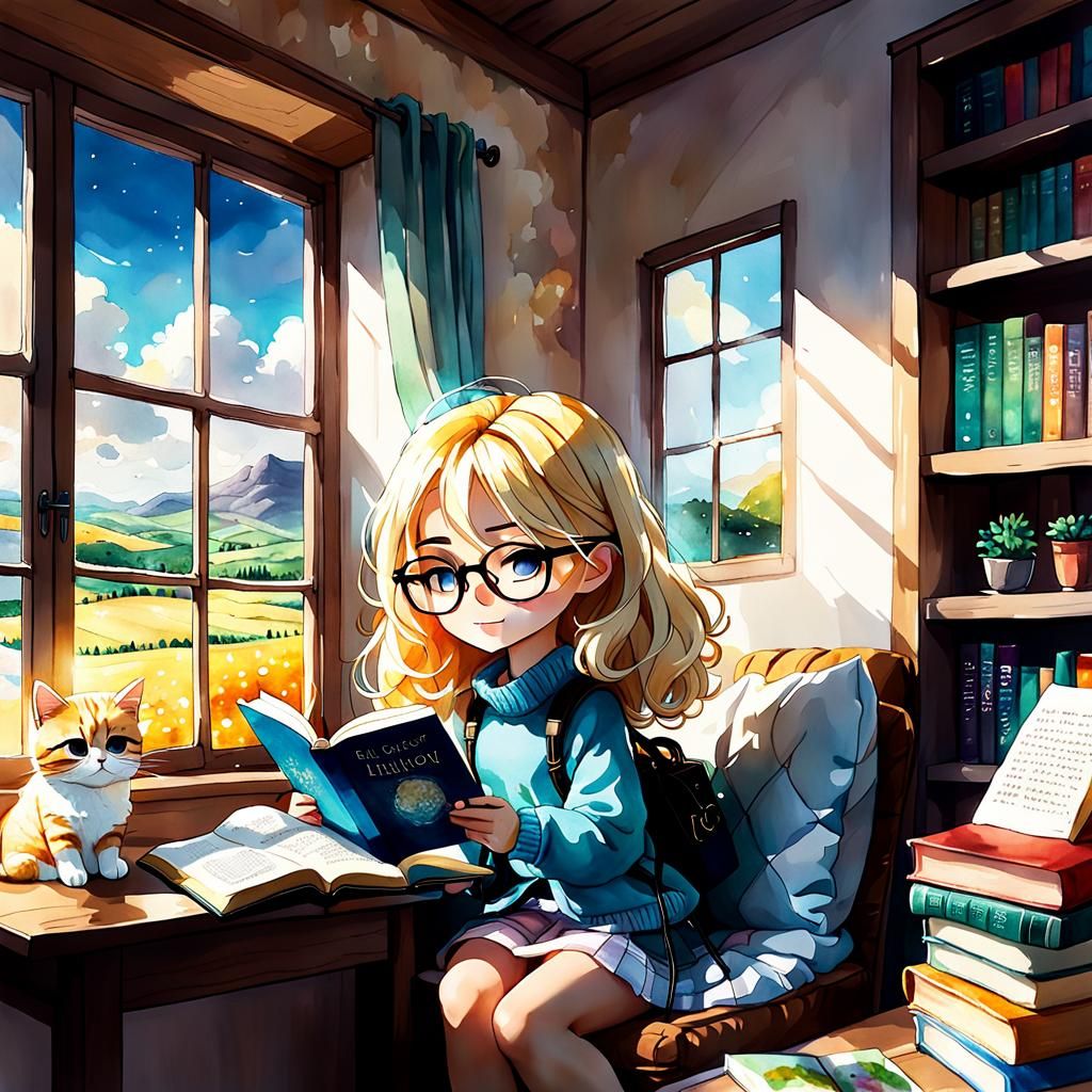 Chibi Girl Reading: Watercolor Anime Art