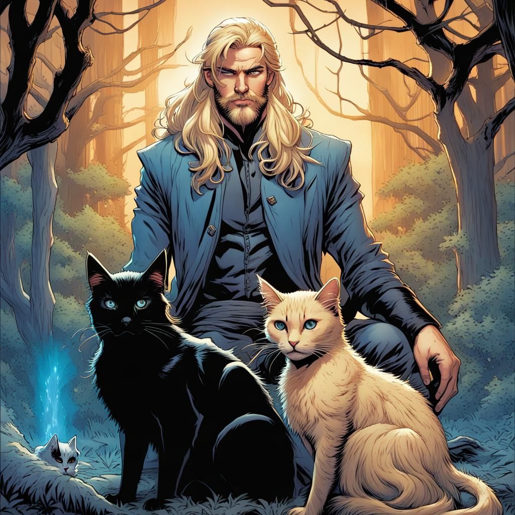 Blond Wizard with Black Cat: Comic Book Art