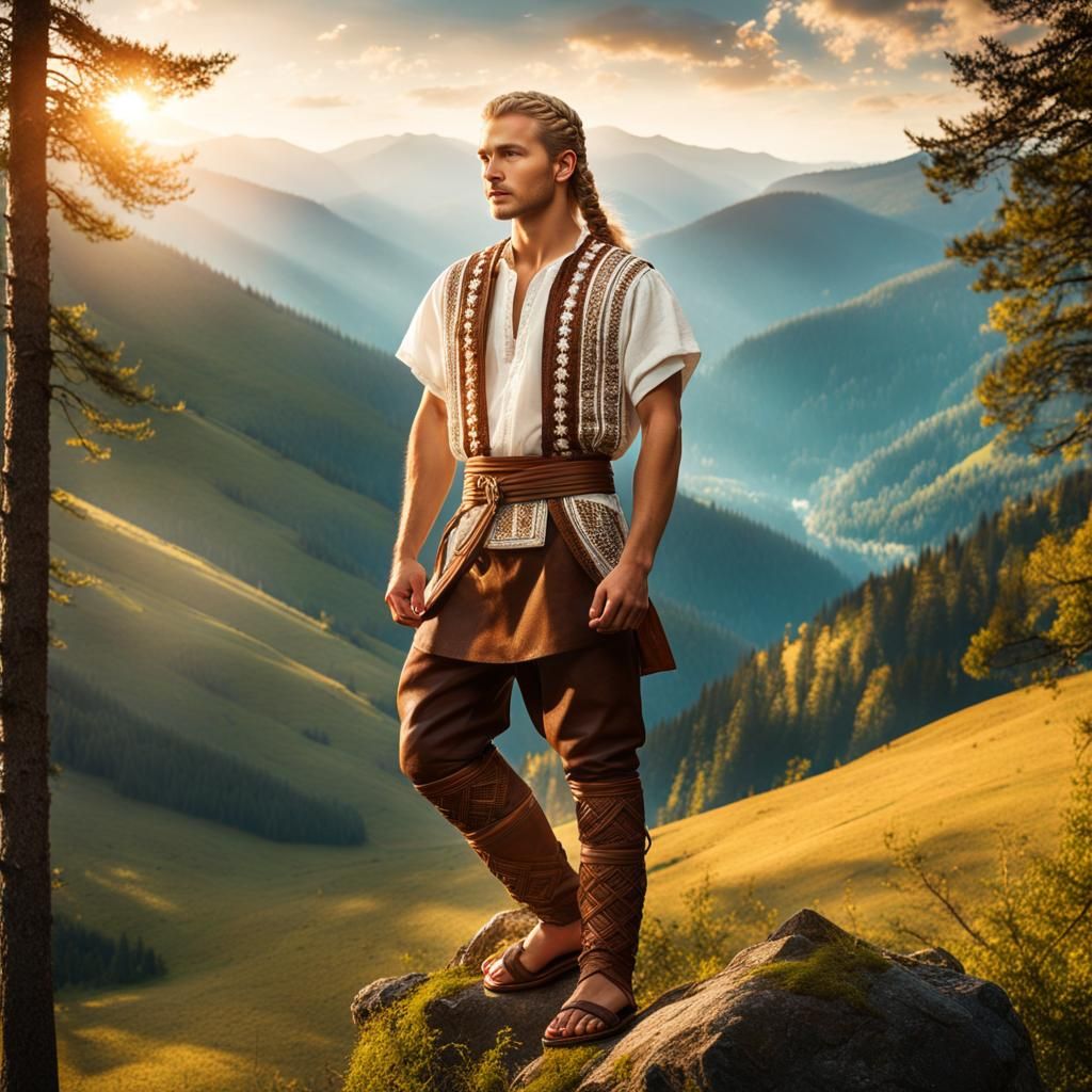 Dacian Warrior in Carpathian Mountain Landscape