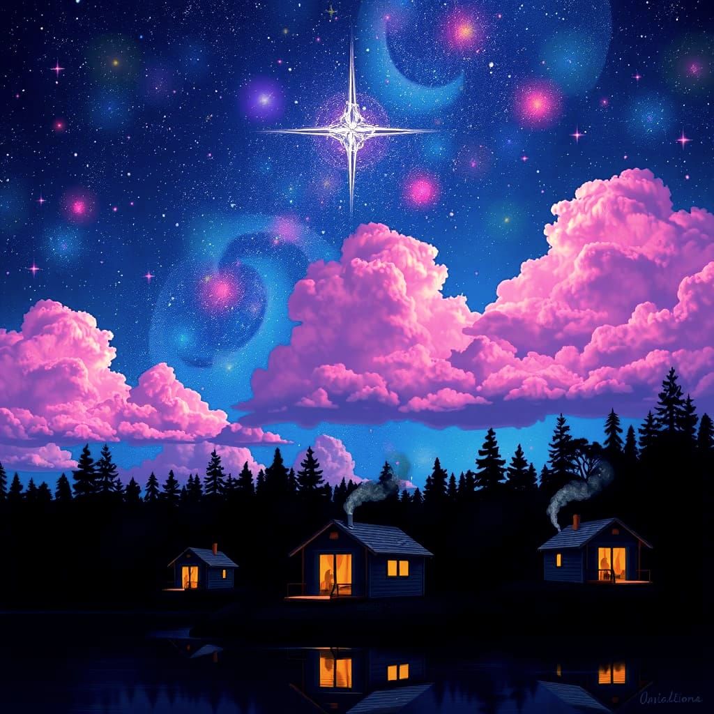 Breathtaking Cosmic Skies with Radiant Clouds and Serene Lak...