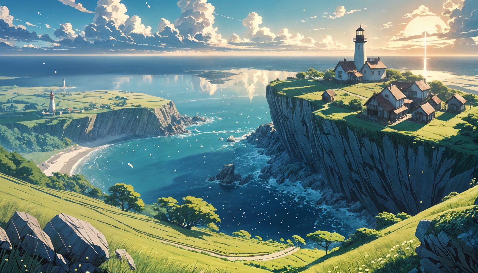 Dark Fantasy Village with Lighthouse, Makoto Shinkai Style