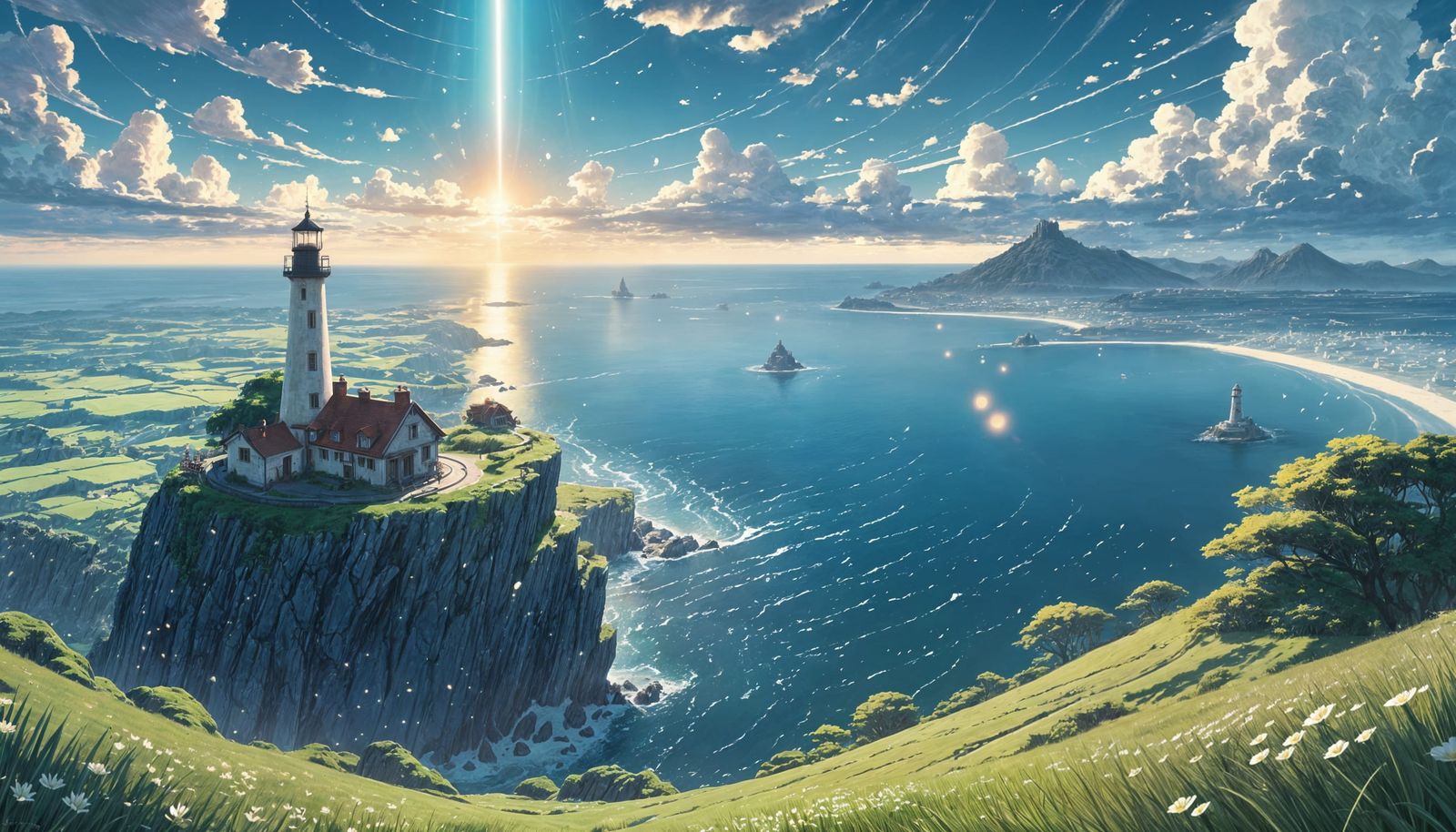 Fantasy Village Landscape with Lighthouse, Anime Style