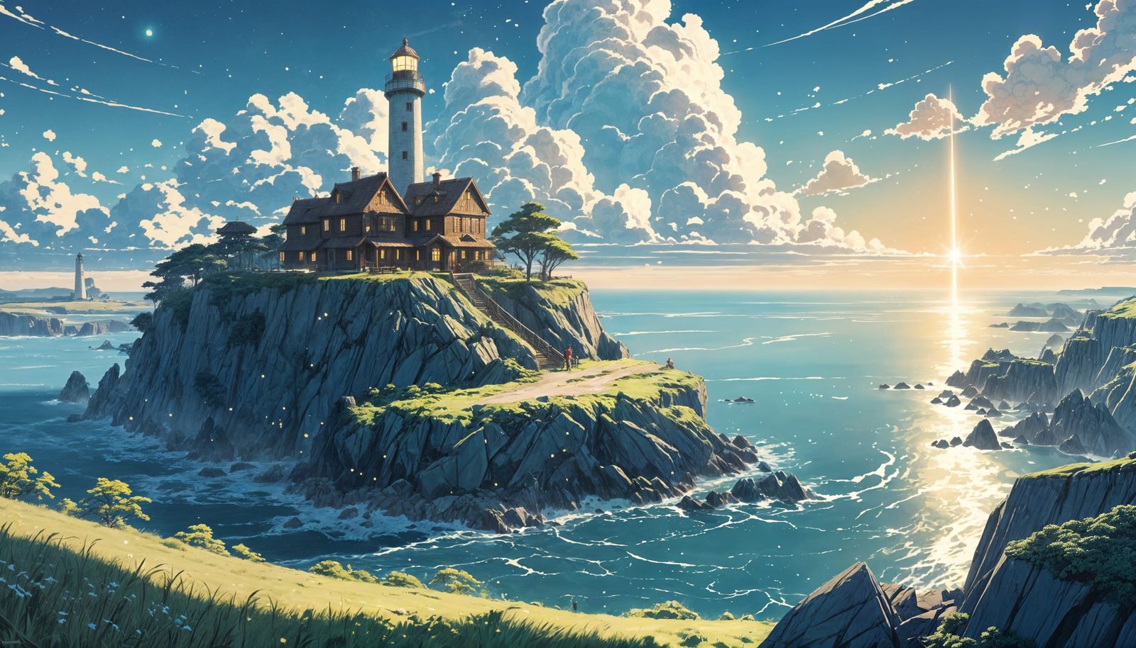 Eerie Fantasy Village Landscape with Lighthouse