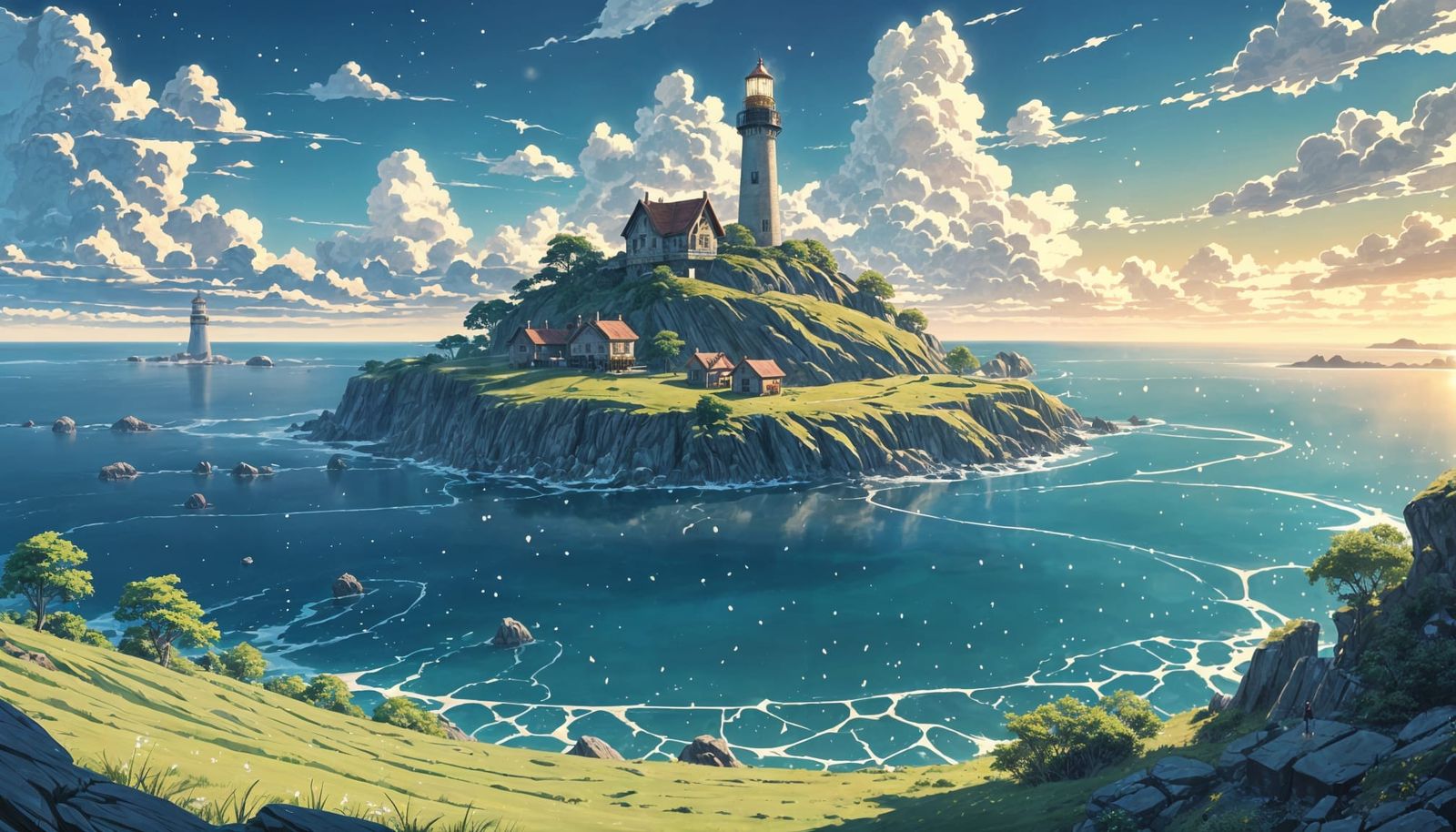 Eerie Spring Village with Lighthouse, Fantasy Landscape