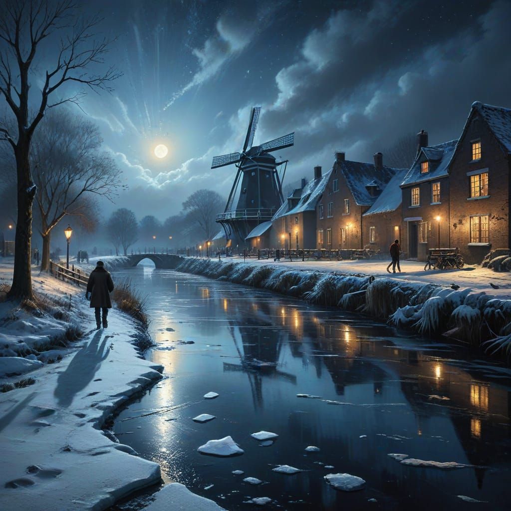 Villagers Skate on Frozen Canal in Baroque Oil Painting