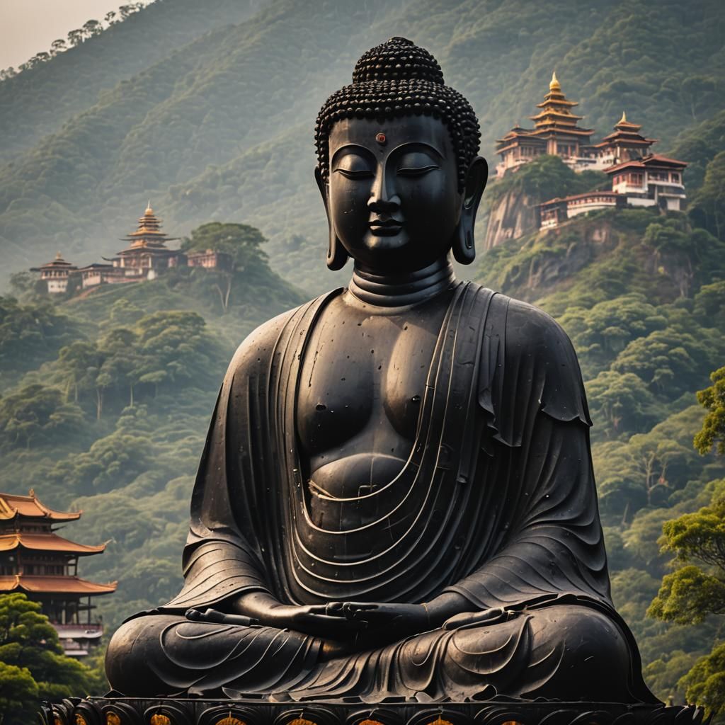 Majestic Black Buddha Statue on Mountain Resort